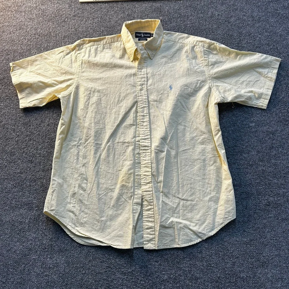 Ralph Lauren Shirt Mens Size L Yellow Seersucker Blake Cotton Short Sleeve